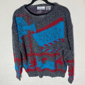 Vintage 90s Club Internernational Grey Blue Red Knit Crew Neck Sweater S Dadcore